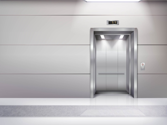 Realistic empty elevator hall interior with waiting lift marble floor ceiling window and grey walls vector illustration
